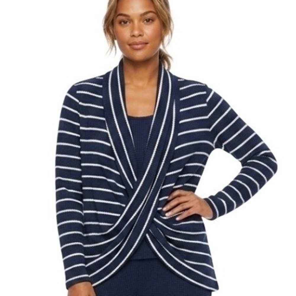Fever Sweater Womens XS Blue Striped Waffle Knit Open‎ Front Cardigan Draped NWT